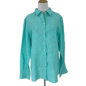 Foxcroft Linen Button Up Shirt Blue Blouse New